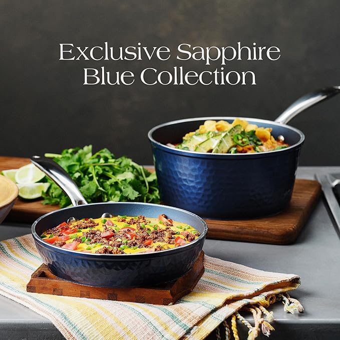 Luxurious Non-Stick Ceramic 3 Piece Blue Hammered Cookware Set Lightweight Scratch-Resistant Dishwasher Safe Oven Safe up to 500°F Suitable for All Stove Types