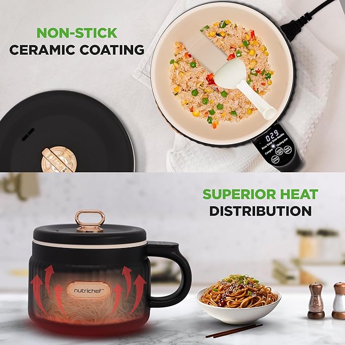 NutriChef 1.6 QT Portable Electric Rice Cooker &amp Lunch Maker | Multi-Functional &amp Non-Stick Ceramic Coating | Digital Control Panel | 6 Cook Functions: Rice Soup Stew Porridge &amp More |