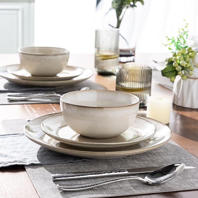 AmorArc Ceramic Dinnerware Sets for 4 12 Pieces Handpainted Plates and Bowls Set with Reactive Glaze Scratch Resistant Stoneware Dishes Set Dishwasher &amp Microwave Safe (16pc)
