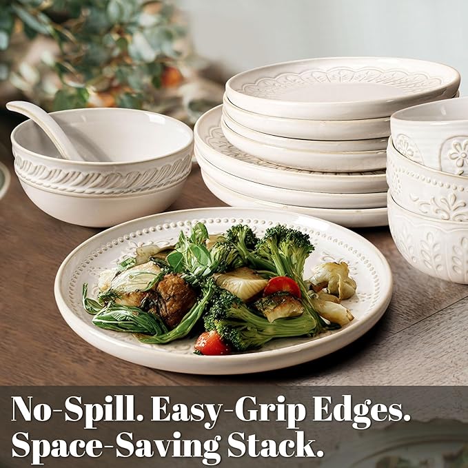 Artena Plates And Bowls Sets 16 Pieces Dinnerware Sets Dish Set For 4 Ceramic Kitchen Bowl And Plate Set Embossed White Dishware Sets Dishwasher &amp Microwave Safe (Damask Floral)