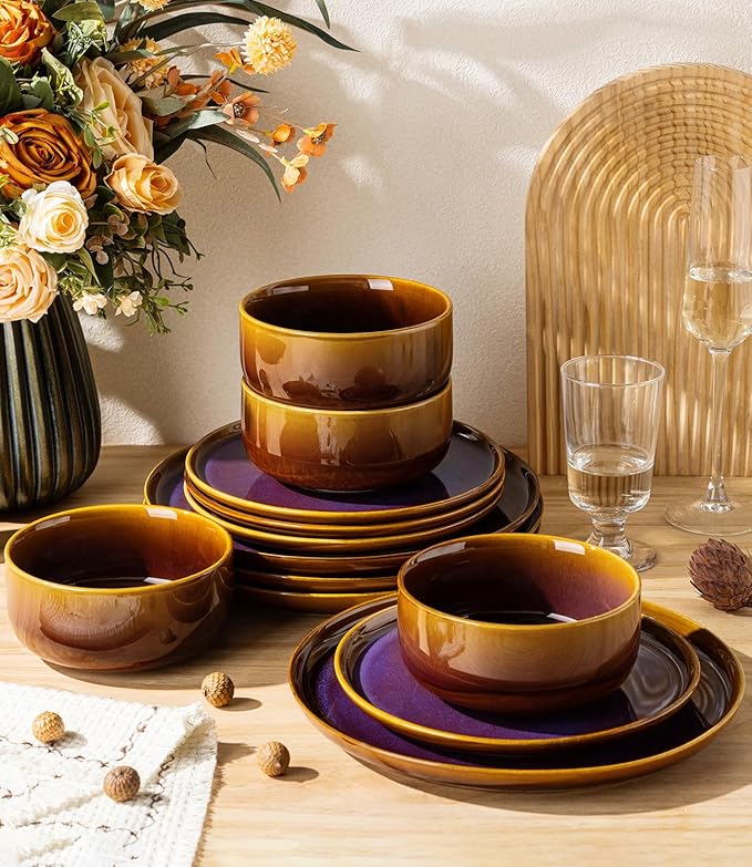 TheTerra Ceramic Dinnerware Sets for 4 12 Pieces Handmade Reactive Glaze Plates and Bowls Set Scratch Resistant Dish Set Oven &amp Microwave &amp Dishwasher Safe Amber Amethyst