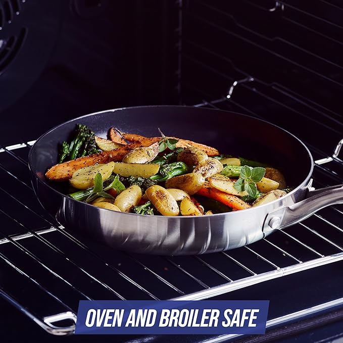 Blue Diamond HD Stainless Steel Clad Pro 8 Frypan Skillet Diamond Infused Ceramic Nonstick PFAS and PFOA-Free Dishwasher Safe Oven and Broiler Safe Durable Even Heating Silver