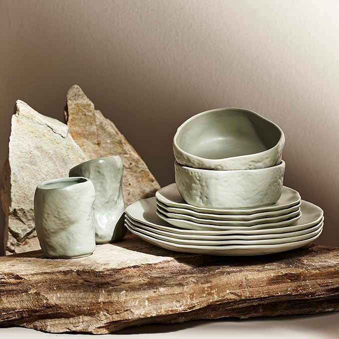 Stone by Mercer Project Atik Modern Stoneware 32-Piece Dinnerware Set Plate and Bowl Set Dish set for 8 Sage-Grey