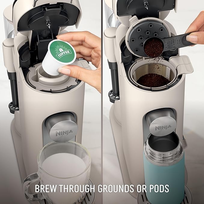 Ninja Pod &amp Grounds | Coffee Maker | XL Single-Serve | K-Cup Pod Compatible | Brews Grounds | Compact Design | Built-In Milk Frother | 68-oz. Reservoir 6-oz. Cup to 24-oz. Mug Sizes | Stone |PB05