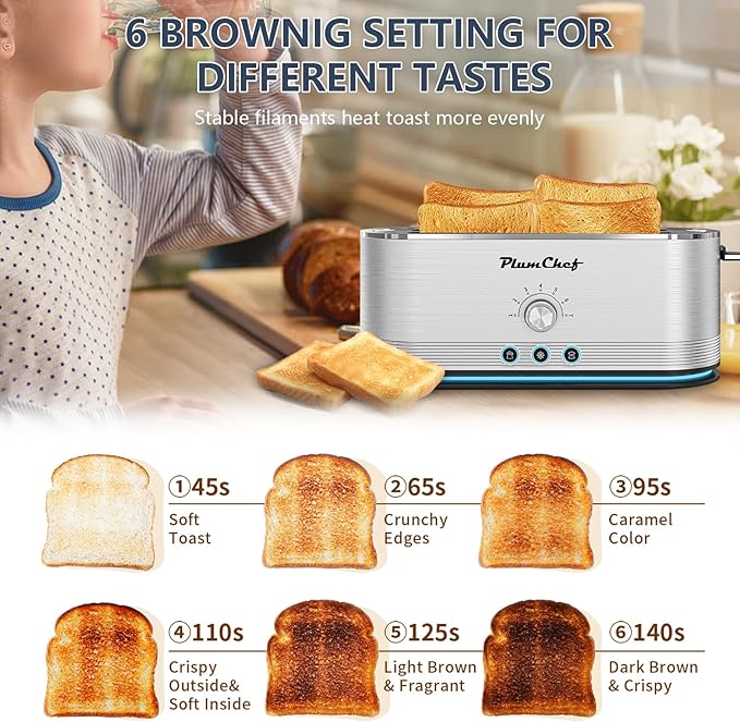 Toaster 4 Slice 7 Browning Settings Defrost/Reheat Functions Removable Crumb Tray Full Body Stainless Steel Housing 1350W Anti-Fingerprint and Anti-Jam Toasters for Bagels and Toast Silver