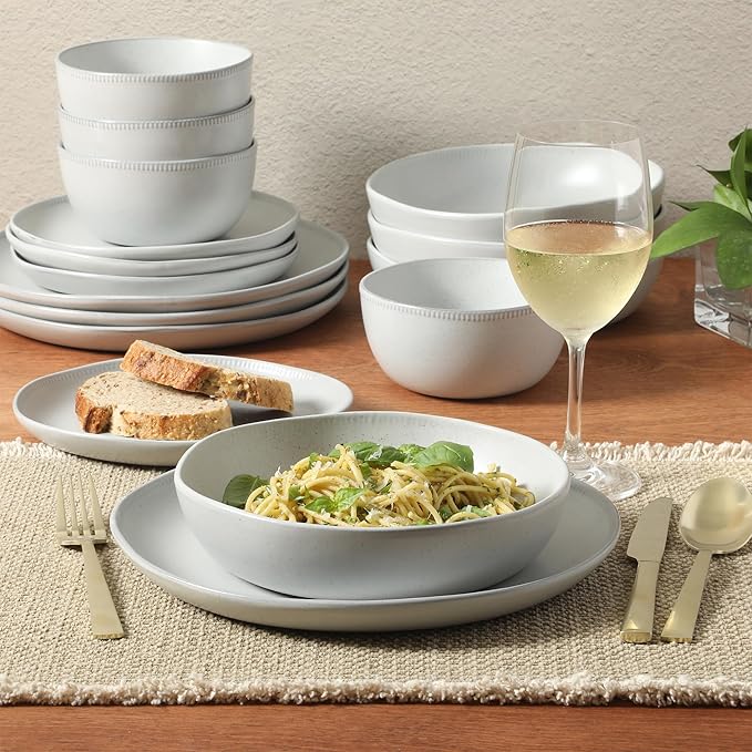 Gibson Elite Menlo Park 16-Piece Pottery Clay Stoneware Dinnerware Set – White Reactive Glaze Embossed Plates and Bowls W/Pasta Bowl Service for 4 – Microwave &amp Dishwasher Safe