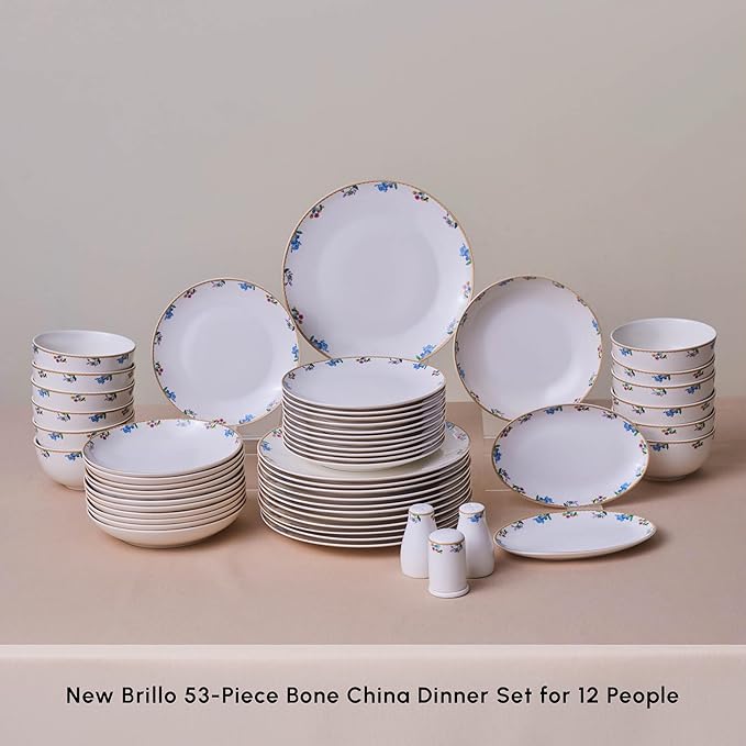 Karaca New Brillo 53-Piece Dinnerware Sets for 12 People Modern Design New Bone China Dinner Set Kitchen Set with Serving Plates Toothpick Holder