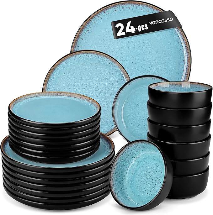 vancasso Plates and Bowls Sets 24 Pieces Stoneware Dinnerware Sets for 8 Kitchen Dish Set Mircowave and Dishwasher Safe Ceramic Dishware Blue Series AMBER