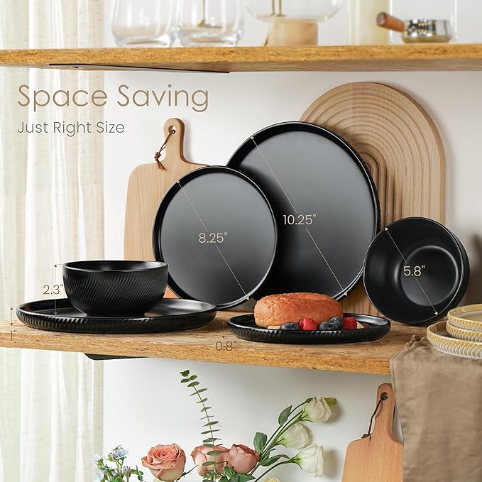 Matte Black Plates and Bowls Set 12pcs Stoneware Dinnerware Sets for 4 Dishwasher and Microwave Safe Ceramic Dishes Set Ribbed Obsidian Night