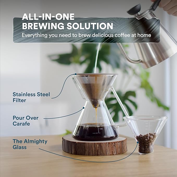ovalware Pour Over Coffee Dripper Maker Paperless Stainless Steel Filter Precision Measuring Cup and Carafe with Airtight Cold Brew Iced Coffee Maker Pitcher RJ3 Brewing Glass Carafe