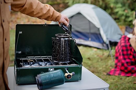 Stansport Enamel 8-Cup Percolator Coffee Pot and 4-Mug Set - Heavy-Duty Campfire Coffee Maker with 12oz Mugs - Percolator Stem Included - Double Baked Enamelware for Camping Hiking RV &amp Cabin