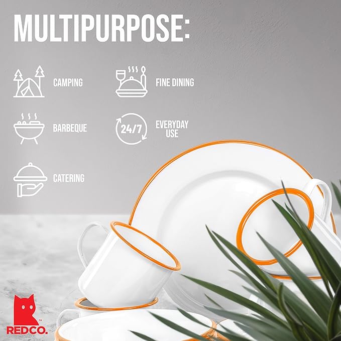 Red Co. 16-Piece Enamelware Metal Dinnerware Set for 4 Solid White/Orange Rim