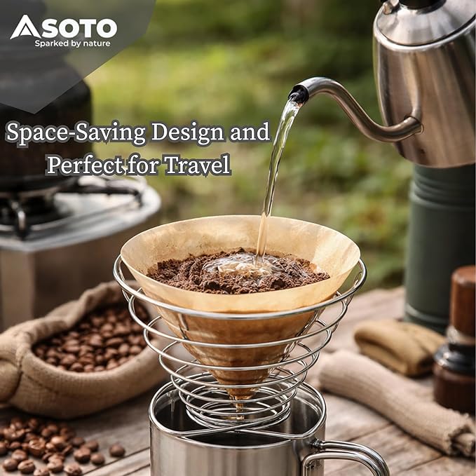 SOTO Compact Helix Coffee Maker - Portable Stainless Steel Pour Over Coffee Dripper for Travel Camping Bikepacking and Home - Lightweight Foldable and Eco-Friendly Design