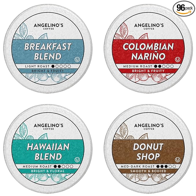 Angelino's Coffee - Medium Roast Coffee Pods Variety Pack 96 Count - Includes Breakfast Blend Colombian Nariño Hawaiian Blend Donut Shop Single Serve Coffee Pods for Keurig K-Cup Brewers