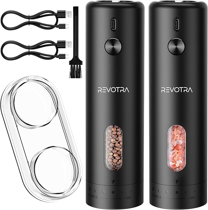 Electric Salt and Pepper Grinder Set Rechargeable Automatic Salt and Pepper Shakers with 6 Adjustable Coarseness Christmas Gift Larger Capacity LED Light One-Handed Operation 2 Packs
