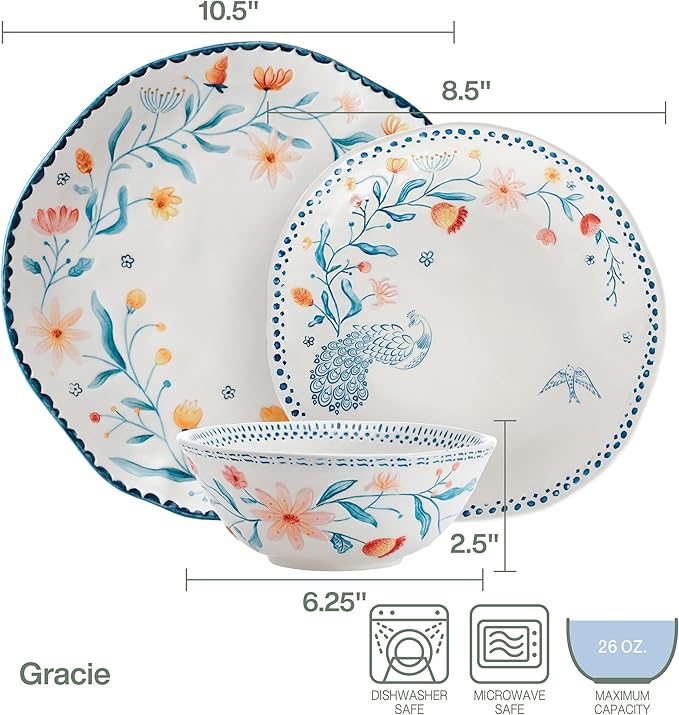 Fitz and Floyd Gracie Floral 12 Piece Dinnerware Set Service for 4