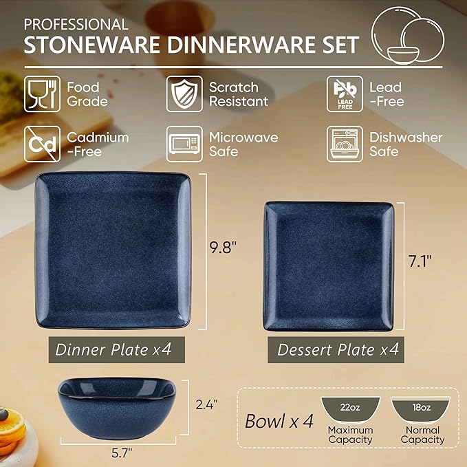 Herogo 12 Pieces Square Stoneware Dinnerware Set Service for 4 Dinner Plates and Bowls Sets Double Reactive Glaze Dishes Set for Kitchen Scratch Resistant Dishwasher Safe Starry Blue