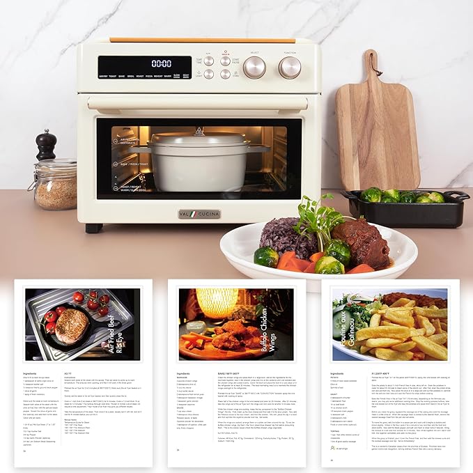 VAL CUCINA Retro Style Infrared Heating Air Fryer Toaster Oven Extra Large Countertop Convection Oven 10-in-1 Combo 6-Slice Toast Enamel Baking Pan Easy Clean with Recipe Book Almond Yellow Color