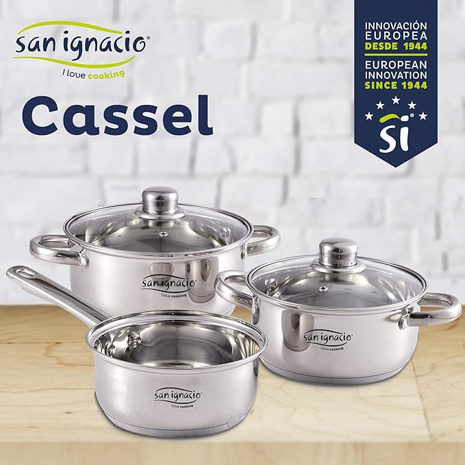 San Ignacio Kitchen Battery 5 Pieces Cassel Stainless Steel with pan Set (18/20/24 cm) MAGEFESA K2 Gransasso in enameled Steel