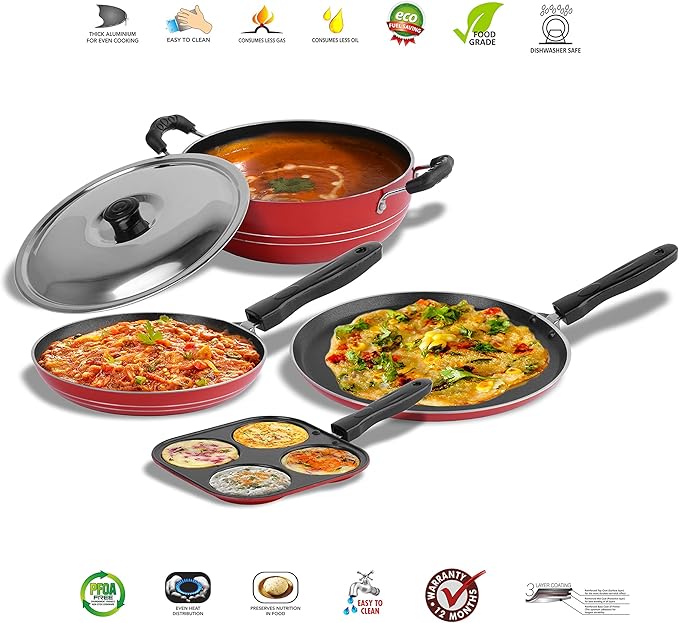Sumeet 2.6mm Thick Non-Stick Rodze Cookware set (Dosa Tawa – 26.5cm Dia + Mini Multi Snack Maker – 19.5cm Dia + Kadhai With Lid – 1.5Ltr capacity- 20cm Dia + Tapper pan – 20cm Dia)