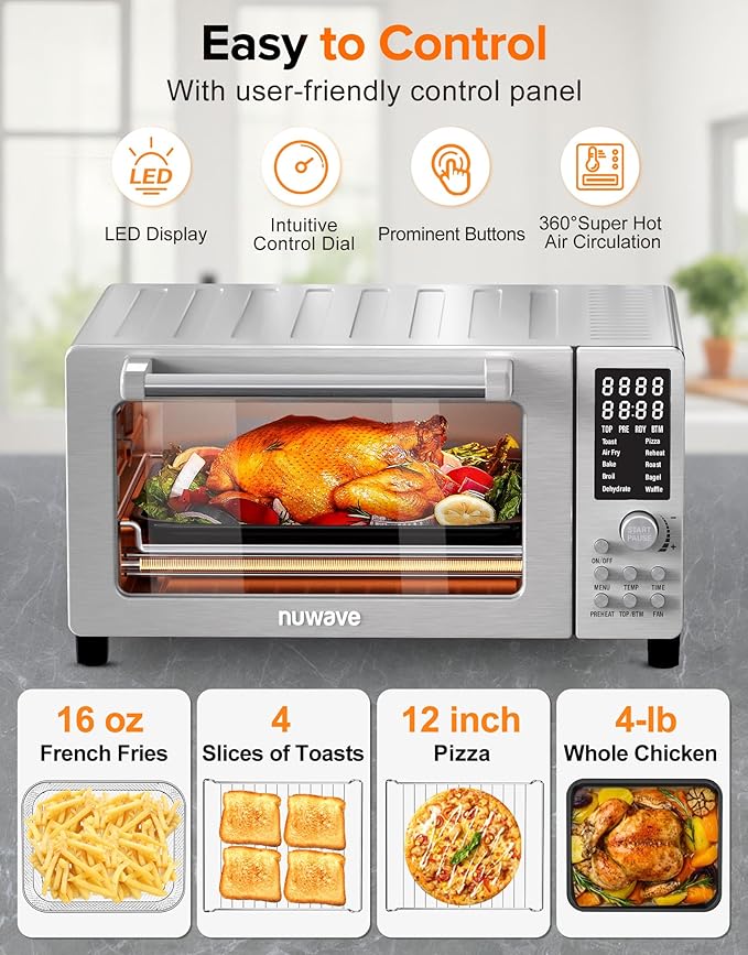 Nuwave Bravo Pro Smart 21QT Toaster Oven Air Fryer Combo Convection Oven Countertop 10 functions all in 1 with even &amp quick crisp technology 50-450°F 1800W Stainless Steel
