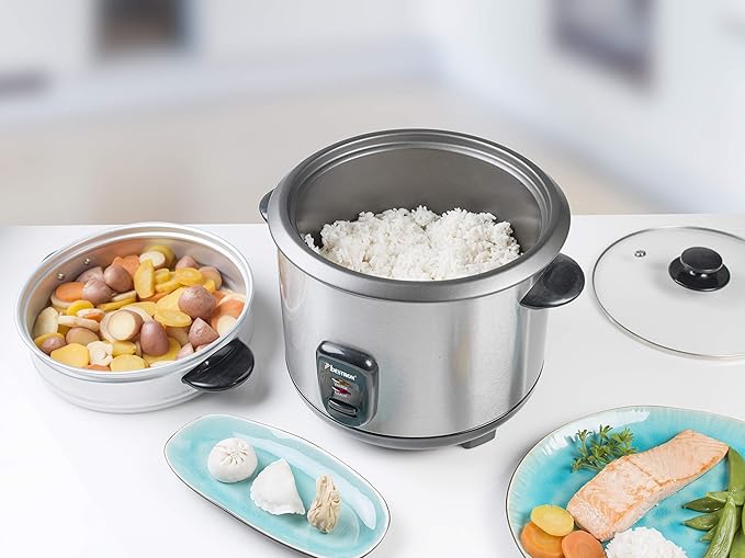 Bestron Rice cooker with steam basket and keep warm function 1.8 litres 700W stainless steel