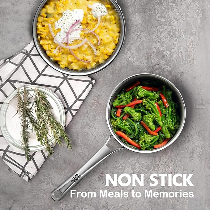 Sauce pan with lid1.5 Quart &amp 2.5 Quart Hybrid Nonstick Sauce pans set Stainless Steel cookwarenon stick Pots PFOA FreeWorks on InductionCeramic and Gas Cooktops