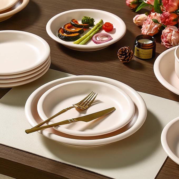 GZG 10.25-Inch Ceramic Dinner Plates Set of 4 Rustic Matte Glaze Terracotta Stoneware Plates for Main Course &amp Everyday Meals Microwave &amp Dishwasher Safe(Cream Mist)