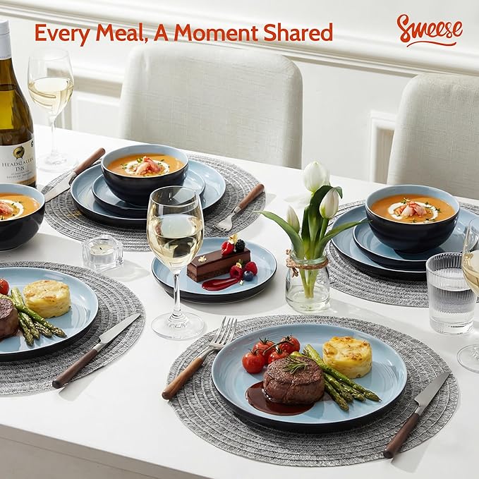 Sweese Porcelain Dinnerware Set of 6 Lightweight Round Plates and Bowls Set - Dishwasher Microwave Oven Safe Scratch Resistant Dinner Sets Kitchen Dishes Set Black &amp Blue