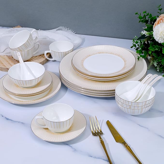 24 Piece White Porcelain Dinnerware Set for 4 Sunburst Design Plates and Bowls Sets with Gold RimHighly Chip and Crack Resistant | Dishwasher Safe Dishes Set
