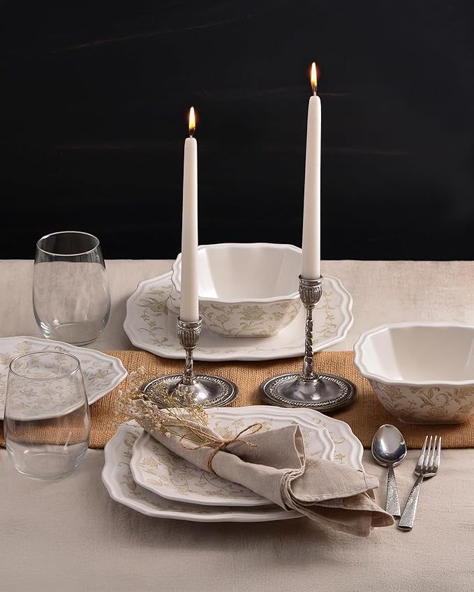 222 Fifth 12-Piece Porcelain Dinnerware Set for 4 Glossy Cream Plates and Bowls Set with Taupe Flowers Elegant Square Ceramic Dish Set Kitchen Tableware Microwave &amp Dishwasher Safe Batik Toil