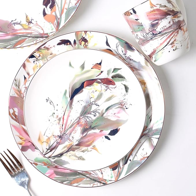 Pink &amp Gold Plates and Bowls Sets Dishes Set for 4 Ceramic Plates and Bowls Set Service for 4 Bone China Dinnerware Set Salad Dessert Plates and Cereal Bowls Set Microwave safe by KOKEN