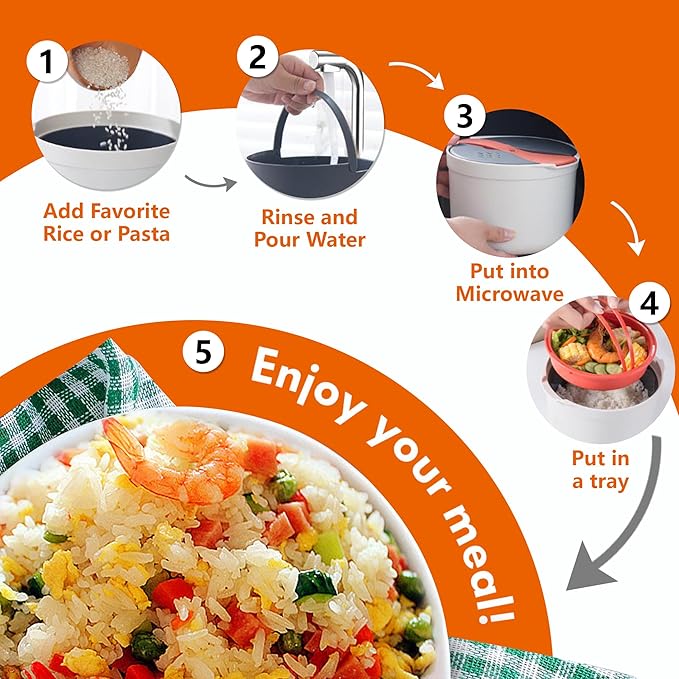 Microwave Rice Cooker Steamer Set: 2L Microwave Pasta Cooker with Rice Spoon Lid Strainer Non-stick Rice Cooker Steaming Pot for Rice Pasta Vegetables Quinoa Oatmeal Ramen (Orange 2)