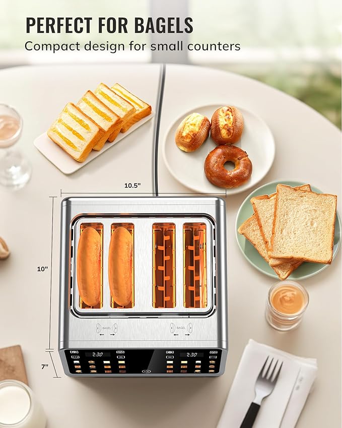Keenstone Toaster 4 Slice Digital Smart Toaster with TouchScreen Dual Control Panel Single Slot Toasting Timer Reheat &amp Defrost for Bagels Bread Waffles Stainless Steel Kitchen Essentials