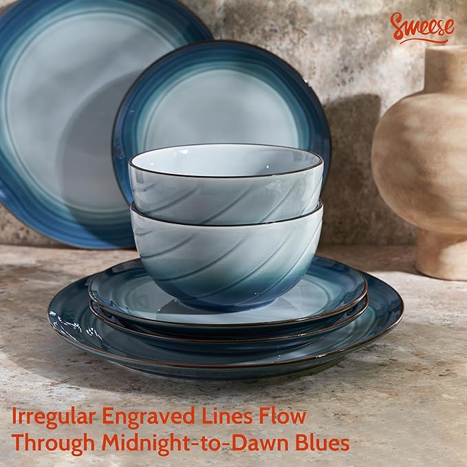 Sweese Porcelain Dinnerware Sets for 6 18 Pieces Ceramic Plates and Bowls Sets Handcrafted Minimalist Dinner Set Chip and Scratch Resistant Dish Set Dishwasher &amp Microwave Safe Ocean Blue