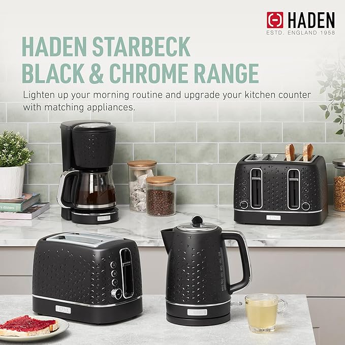 HADEN Starbeck Coffee Machine 10 Cup Automatic Drip Coffee Maker with Anti-Drip Function and Reusable Washable Water Filter Black &amp Chrome