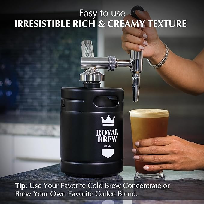 The Original Royal Brew Nitro Cold Brew Coffee Maker - Gift for Coffee Lovers - 64 oz Home Keg Nitrogen Gas System Coffee Dispenser Kit