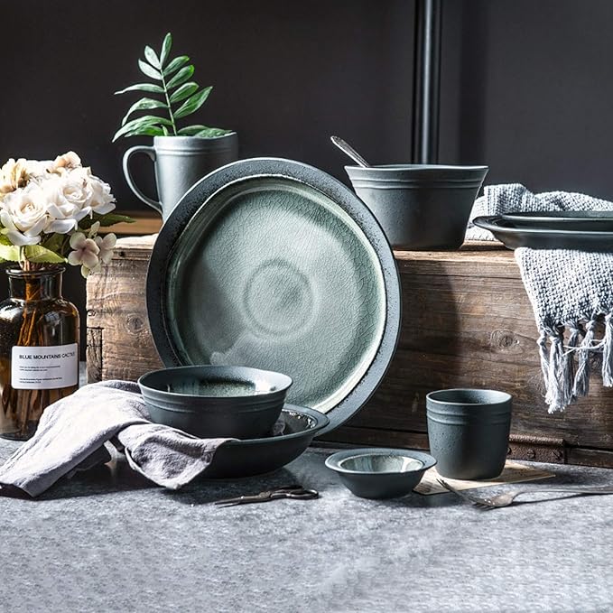 Porcelain Dinnerware Sets 32 Pieces Retro Ice Cracked Glaze Ceramics Dinner Combination Set | Cereals Bowls and Steak Plates Sets for Wedding Gifts