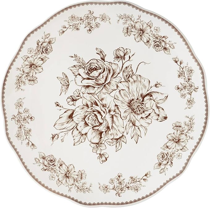 Agatha 12-Piece Stoneware Dinnerware Set – Service for 4 Rustic Farmhouse Plates &amp Bowls Vintage Floral Design Microwave &amp Dishwasher Safe (Brown)