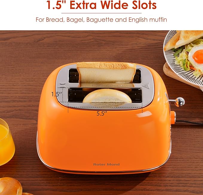 Roter Mond 2 Slice Toaster Retro Stainless Steel with Bagel Cancel and Defrost Functions 6 Bread Shade Settings Extra Wide Slots and Removable Crumb Tray Orange