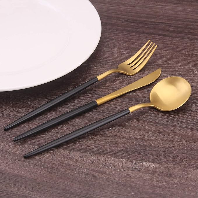 Matte Gold Silverware Set with black handle Bysta 20-Piece Stainless Steel Flatware Set Kitchen Utensil Set Service for 4 Tableware Cutlery Set for Home and Restaurant Dishwasher Safe