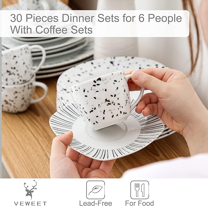 VEWEET Series BESLEY 30-Piece Ivory White Black Lines Porcelain China Ceramic Dinner Combi-Set with Dessert Plates/Soup Plates/Dinner Plates/Cups/Saucers Service for 6