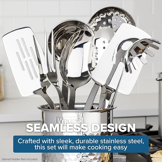 Viking Kitchen Utensils Set 8 Piece Stainless Steel Cooking Utensil Set Includes Spatulas Spoons Pasta Fork Deep Ladle Meat Fork and Skimmer Silver