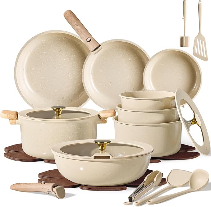CAROTE 25PCS Ceramic Cookware Set Pots and Pans set Non Stick RV Kitchen Cooking Set Removable Handles Oven Safe Induction Cookware Non-toxic Kitchen Cooking Set PFAS and PFOA Free