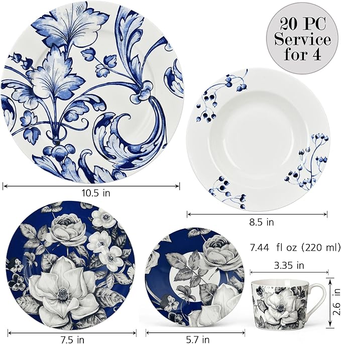 STP GOODS Bone China Dinnerware Set of 20 for 4 pers. Plates and Bowls Sets Dish Set Plate Set Dinner Plates Set Dishes Set of 20 Stoneware Dinnerware Set (Azur de Limoges)
