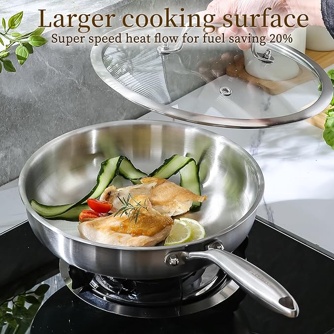 DELARLO Tri-Ply Stainless Steel Pan 18/10 Frying Pan Oven Safe Up to 600°F Nontoxic Cookware Compatible with All Cooktops Skillet Durable Fast Even Heat Fry Pan10+12 inch Pan
