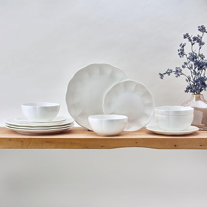 Mikasa Flora Scalloped Lightweight Chip Resistant Bone China 12 Piece Plate Bowl Dinnerware Set Service for 4 White