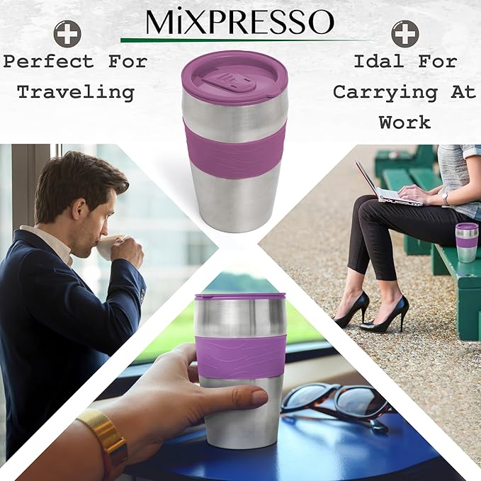 Mixpresso Purple Personal Single Serve Coffee Maker with 14oz Travel Mug Drip Small Coffee Maker with Auto Shut Off Reusable Filter Works with Ground Coffee Only – Not for K-Cup Pods