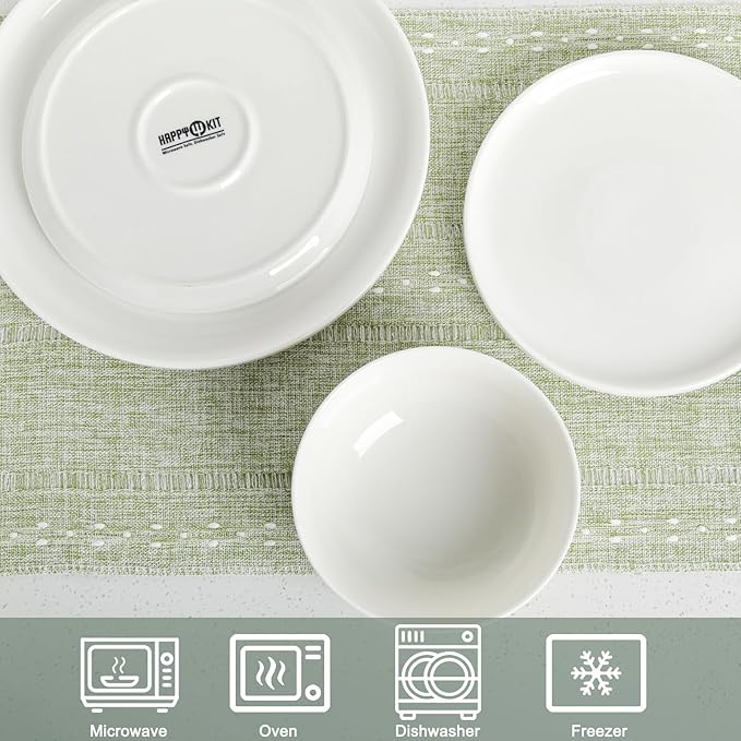 HAPPY KIT 12 Pieces Porcelain Dinnerware Set Serving Plates and Bowls Set for 4 Chip and Scratch Resistant White Kitchen Dishware Sets Thick-edge Non-slip Design