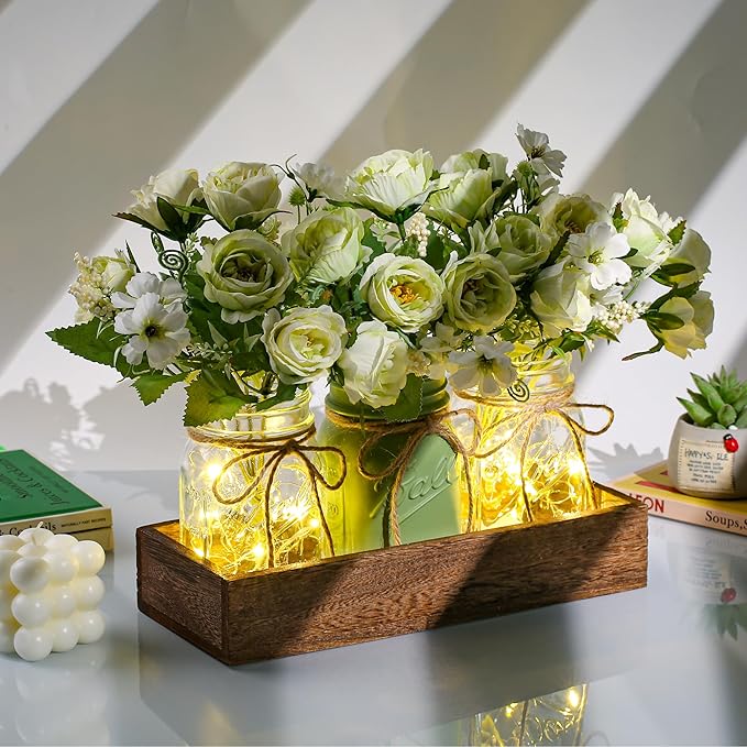 3 Pcs Mason Jar Centerpiece Table Decorations for Dining Farmhouse Coffee Table Decor with Wood Tray and Led Light Table Centerpieces for Dining room Kitchen Living BathroomGreen